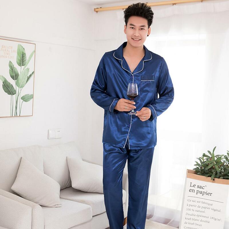 Silk Satin Men Pajamas Set Fashion Sleepwear Couple Solid Color Long Sleeve Suit