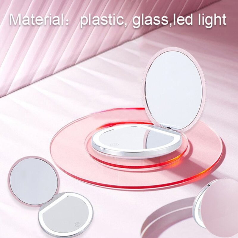 Mini espejo de maquillaje portátil, espejo de bolsillo compacto, recargable, plegable de dos lados con luz LED, cosmético