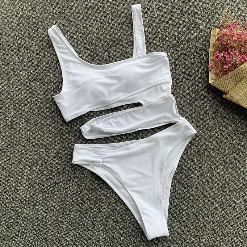 NewSexy Bikini Set una spalla costume intero 2023 nuovo Off spalla bianco Patchwork costumi da bagno tuta costume da bagno nero