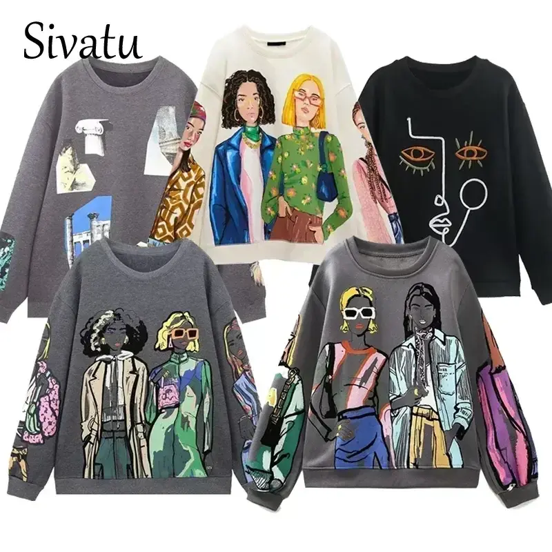 Sivatu TRAF sweter wanita 2023 baru Fashion kecantikan gadis cetak kasual kaus wanita O leher Hoodies Chic pullover atasan