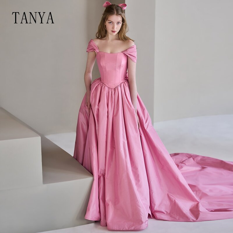 Романтическое розовое свадебное платье принцессы со съемным бантом, ТРАПЕЦИЕВИДНОЕ свадебное платье на бретелях-спагетти, свадебное платье из тафты со шлейфом