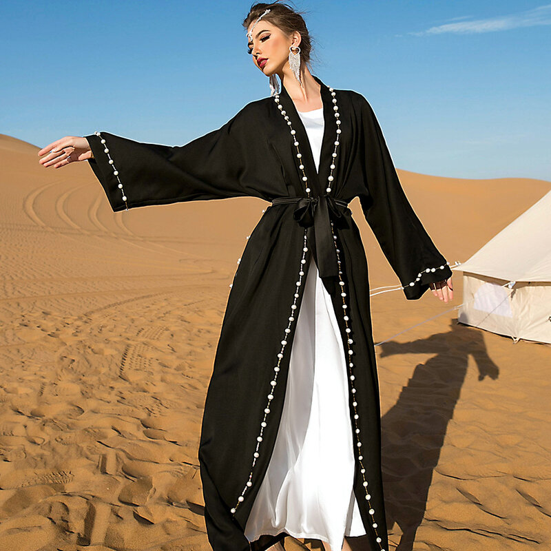 ชุดคลุมกิโมโนสีดำมีลูกปัดเปิดสำหรับผู้หญิงเสื้อคลุมคาร์ดิแกนสไตล์มุสลิม gamis Arab ชุดคาฟตันไก่งวงดูไบ