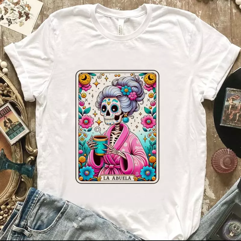 La abuela-女性用水彩文字プリントTシャツ,用途の広いラウンドネックTシャツ,半袖カジュアル
