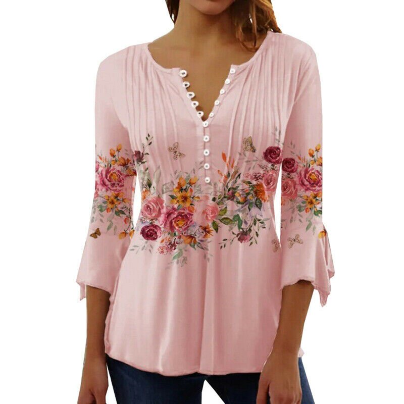 Tops Mujer elegante und würdige Damen Top Blumen druck V-Ausschnitt Kurzarm Knopf T-Shirt geschmack volle Sommerkleid ung Frauen