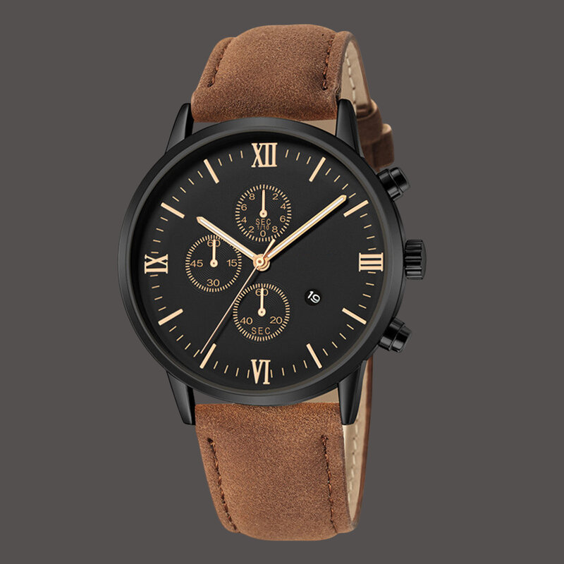 Jam tangan kuarsa minimalis pria, arloji kuarsa tanggal kalender dengan tali kulit untuk pekerjaan rumah kantor