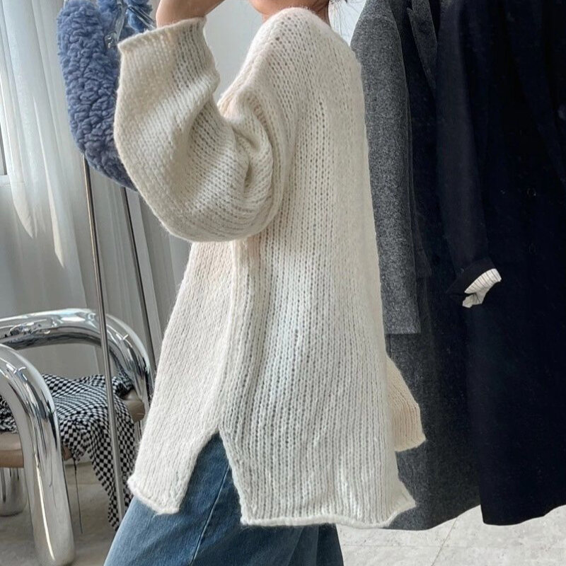 Suéter holgado con abertura lateral para mujer, ropa de calle lisa, estilo Harajuku que combina con todo, estilo perezoso maduro, otoño