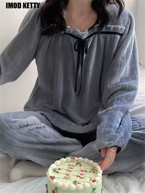 Freizeit Tragen Homewear Nachthemd Weibliche CoralFleece Pyjamas Sets Für Frauen Herbst Winter Dicke Warme Süße Nette Nachtwäsche Flanell