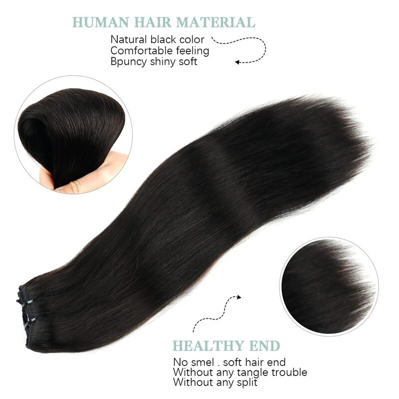 Grampo reto em extensões do cabelo para mulheres, cabelo sem emenda, cabelo humano macio real de 100%, preto natural