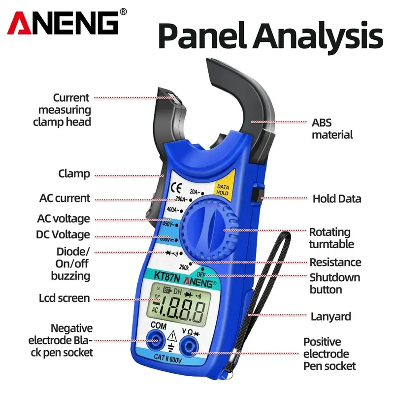 ANENG-Mini الرقمية المشبك متر ، المتعدد ، أدوات اختبار الكهربائية ، التيار المتناوب ، تيار مستمر ، الجهد ، الحالي ، 600 فولت ، RMS صحيح ، السعة ، KT87N