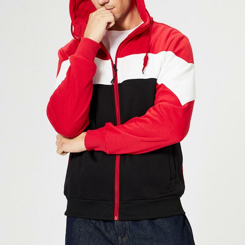 Hoodies masculinos zip up manga comprida velo cor bloco moletom com capuz contraste cor com capuz cordão retalhos hoodie casaco