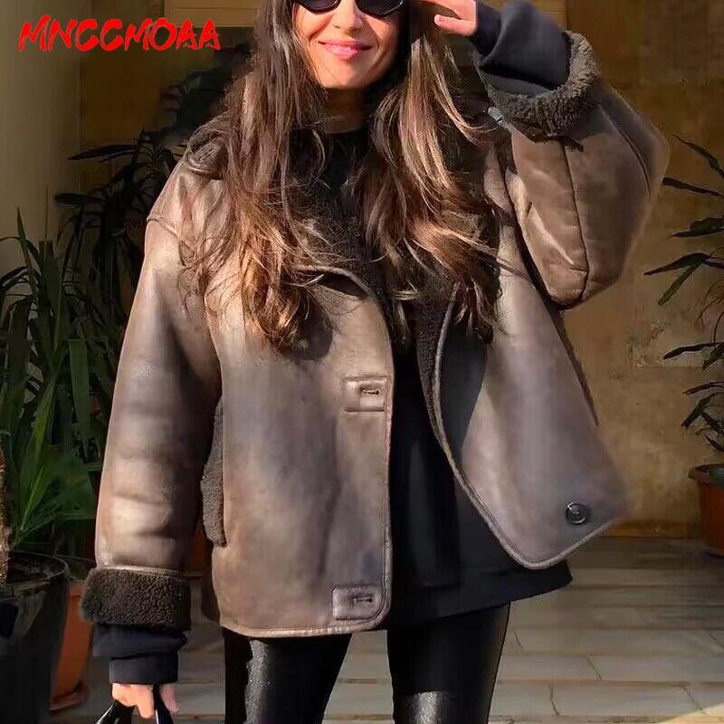 MNCCMOAA 2023 di alta qualità inverno donna Vintage manica lunga caldo giacca in finto pile cappotto femminile Casual Solid Pocket Outwear top