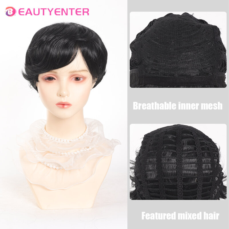 BEAUTYENTER Synthetic Short Straight Wig for Women Wigs With Bangs Black Wig Daily Use Heat Resistant Fiber