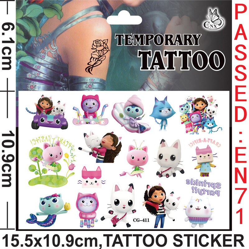 Gabby Doolhouse pegatinas de tatuaje para fiesta de niños, decoración lavable, Anime, transferencia de agua, adorno, regalo