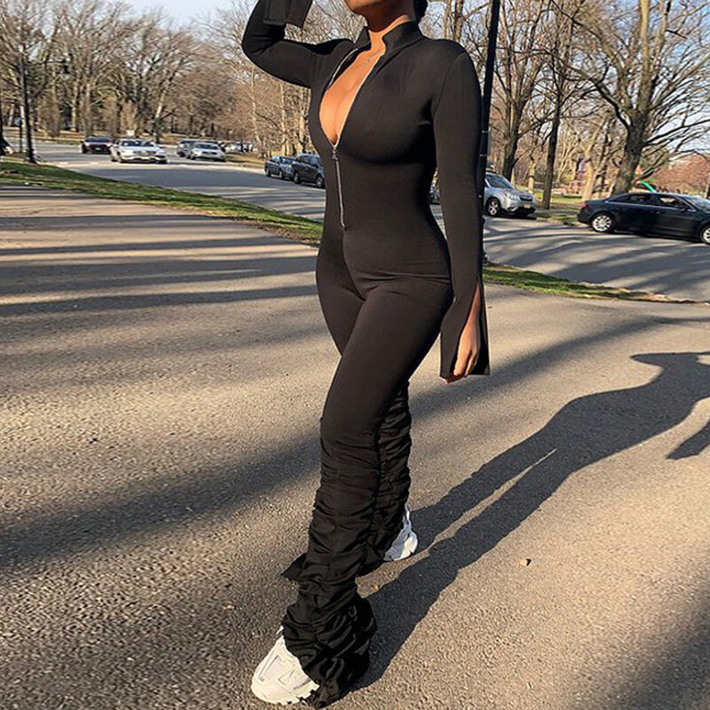 Black Stacked Stretchy Bodycon Jumpsuits Women Turtleneck Slim Solid Streetwear Active Casual Work Out Rompers Fashion Outfits