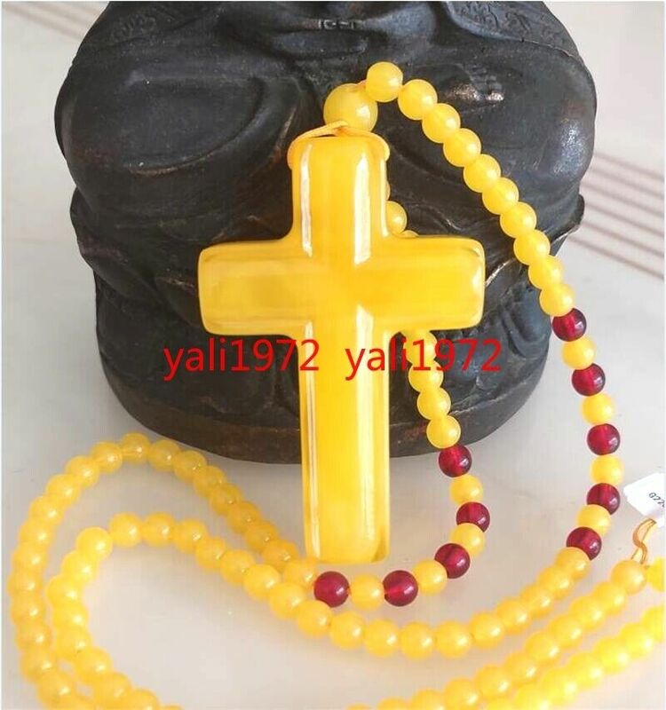 Natural Mexico Yellow Amber Beeswax Cross Pendants + Beads Necklace