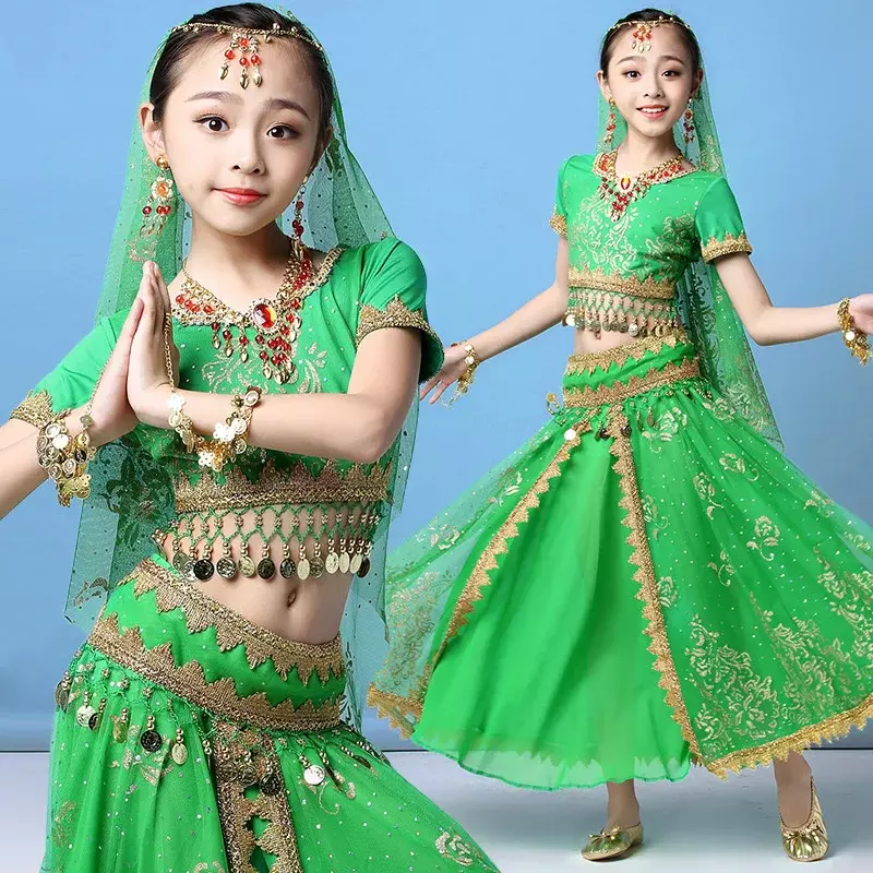 Trajes de dança do ventre para crianças, saia indiana para meninas, vestido de dança para competição de palco