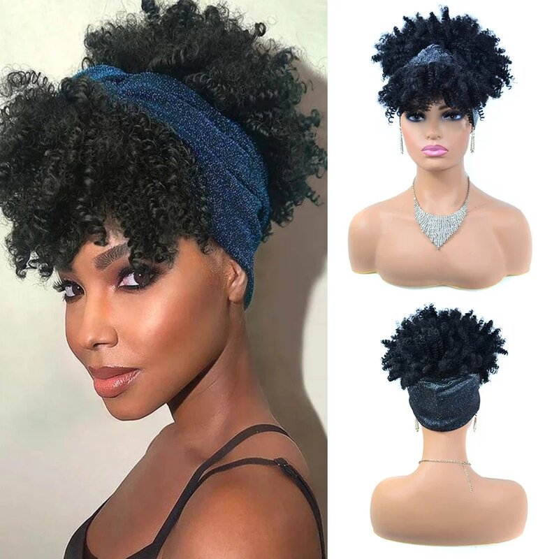 Short Kinky Curly Headband Wigs  Afro Puff Curly Headband Wig For Women Natural Synthetic Turban Wrap Wig  Cosplay Daily Use