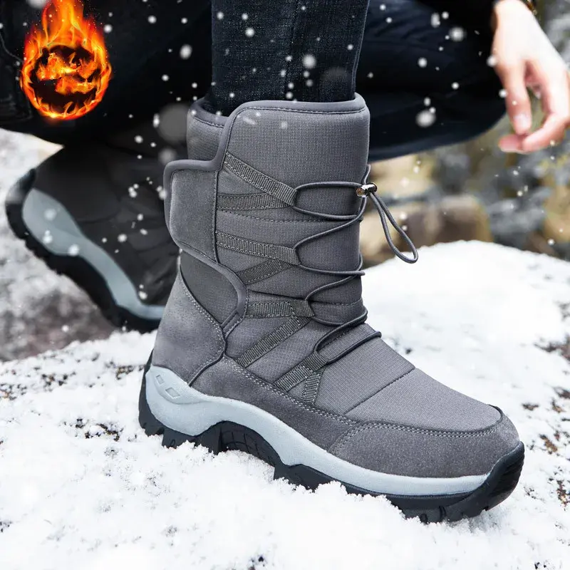 Sepatu bot pria, sepatu bot pria musim dingin, hangat mewah, sepatu bot salju pasangan High Top, sepatu bot kerja kasual luar ruangan Anti selip