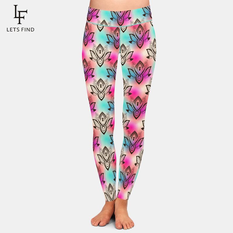 LETSFIND Fashion ręcznie rysowane Lotus Digital Print kobiety legginsy z wysokim stanem wysokiej jakości damskie elastyczne legginsy Fitness