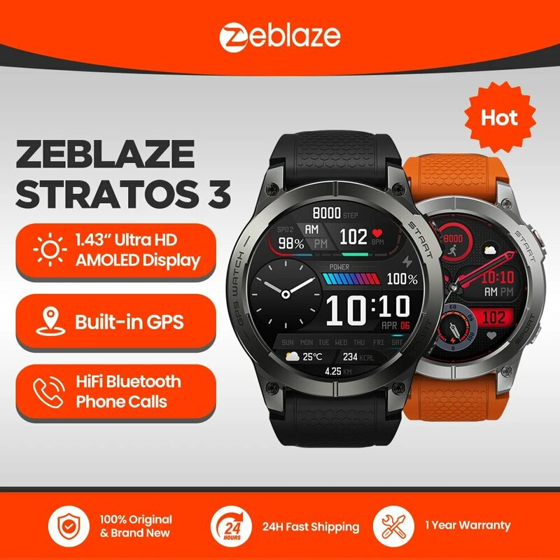ساعة ذكية Zeblaze Stratos 3 متميزة بنظام تحديد المواقع ، شاشة AMOLED فائقة الدقة ، نظام تحديد المواقع المدمج ، بلوتوث هاي فاي ، ساعة ذكية للمكالمات الهاتفية