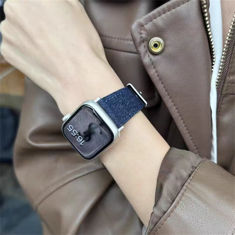 Tali kulit kain Denim untuk Apple Watch, gelang 38/40/41mm 7 8 9 untuk Iwatch 6 SE 5 49Ultra 3 2 42/44/45mm Cor