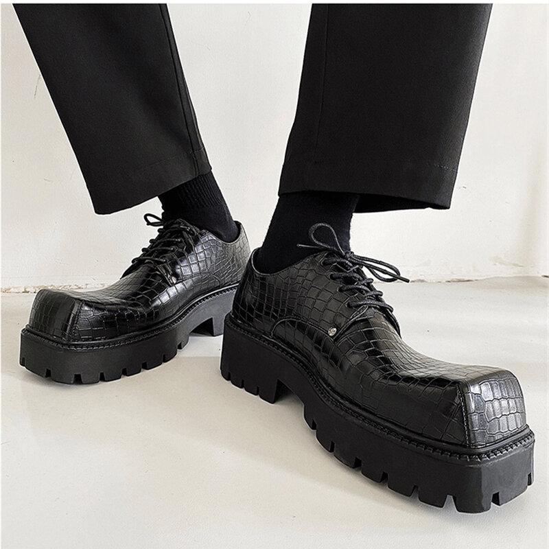 Мужские туфли с квадратным носком, крокодиловый узор, плоская подошва, высокие повседневные туфли дерби, высокие оксфорды