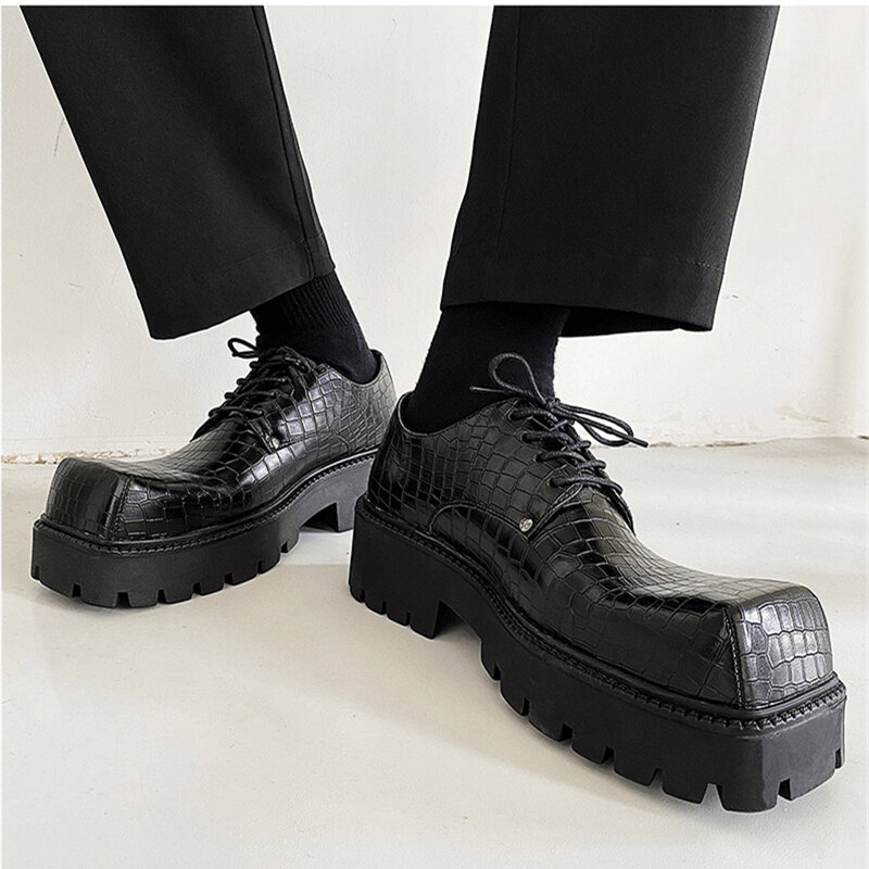 Vierkante Toed Mannen Krokodil Patroon Grote Hoofd Flatforms Dikke Bodem Verhoogd Casual Derby Schoenen Mannelijke Verhoogde Oxfords