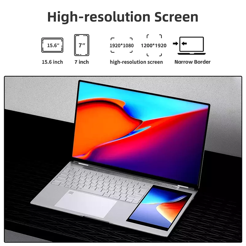 Laptop layar ganda 2023, komputer PC kantor sempit 15.6 "+ 7" Sentuh Intel N5105 16Gb RAM + 1TB M.2 5G WiFi