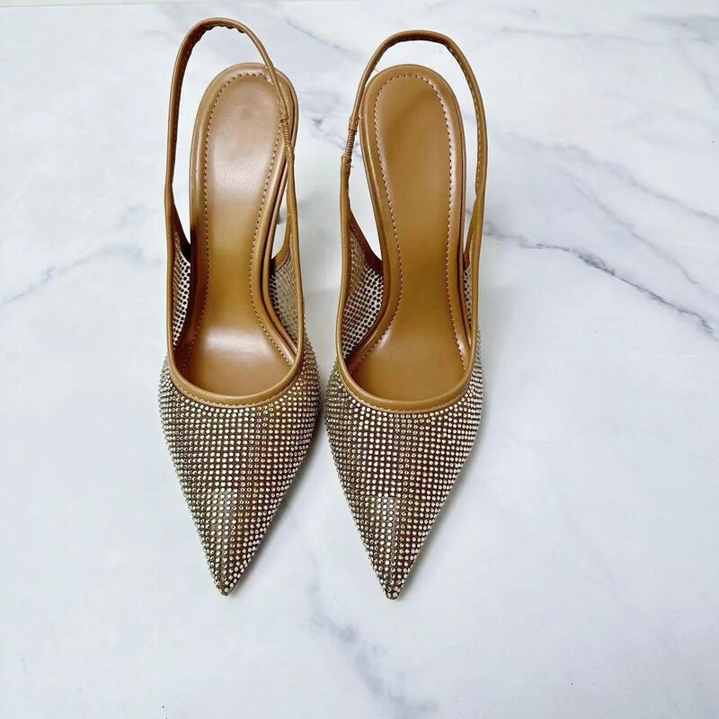 Nowe buty damskie brązowe modne jasny diament siateczkowe otwarta pięta ostro zakończony wysoki obcas sandały dla kobiet