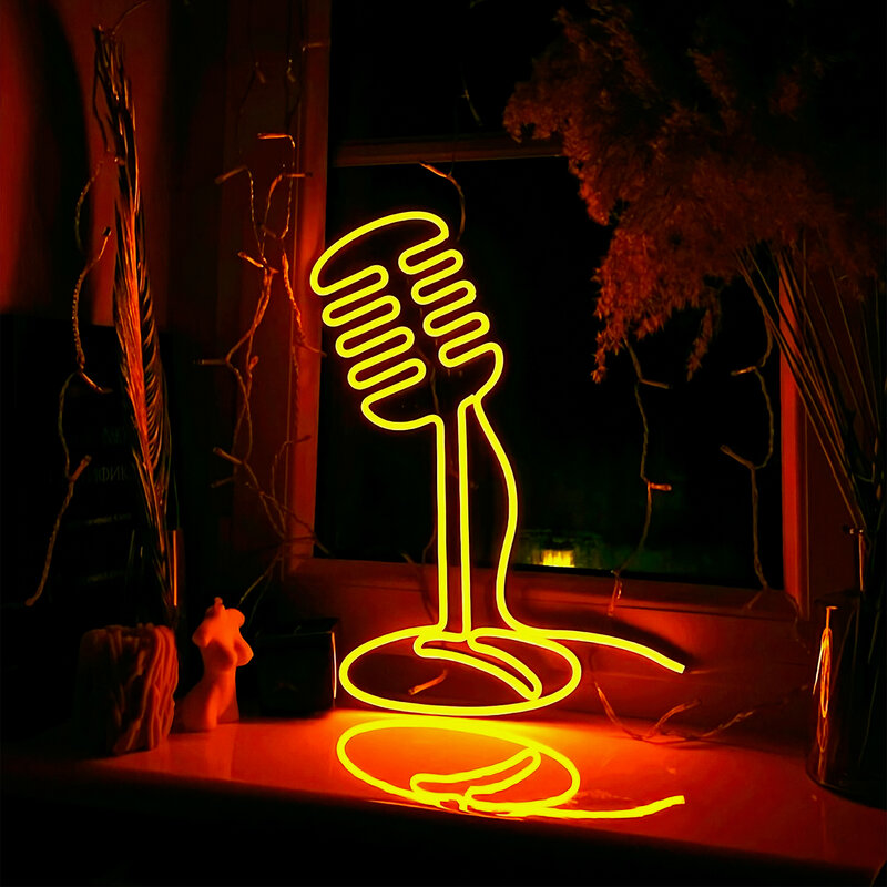 Microphone Neon Sign Family Bedroom Living Room Apartment Music Studio Party Bar Birthday Gift Wall Decoration Atmosphere Lights