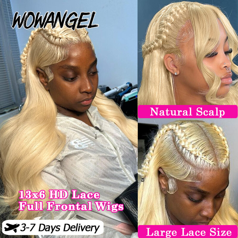 Wow Angel-HD Lace Front Wig, peruca loira onda do corpo, HD Lace Frontal Perucas, couro cabeludo natural, derreter a pele, 250%, 13x6, 13x4, #613