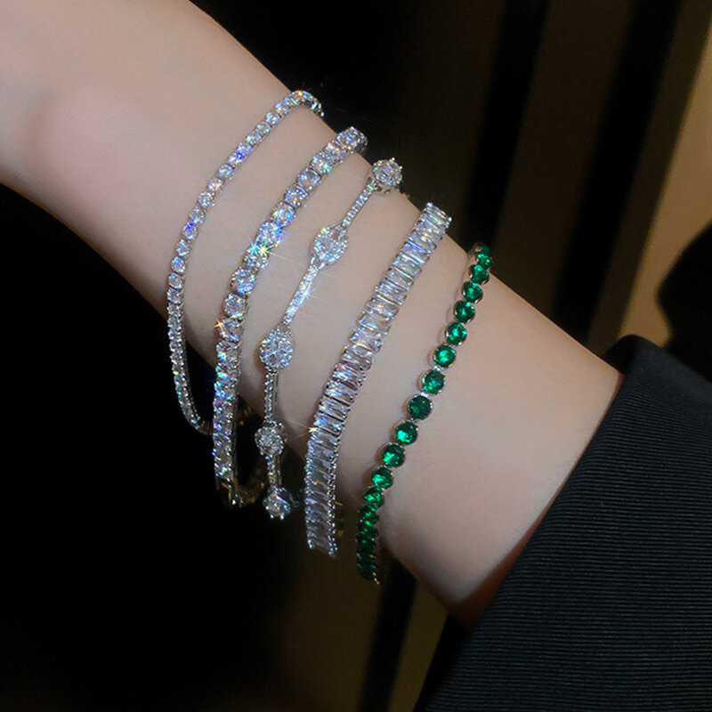 UILZ Geometric Green Zircon Bracelet & Bangles for Women Shiny Crystal CZ Tennis Bracelets Weddings Party Statement Jewelry