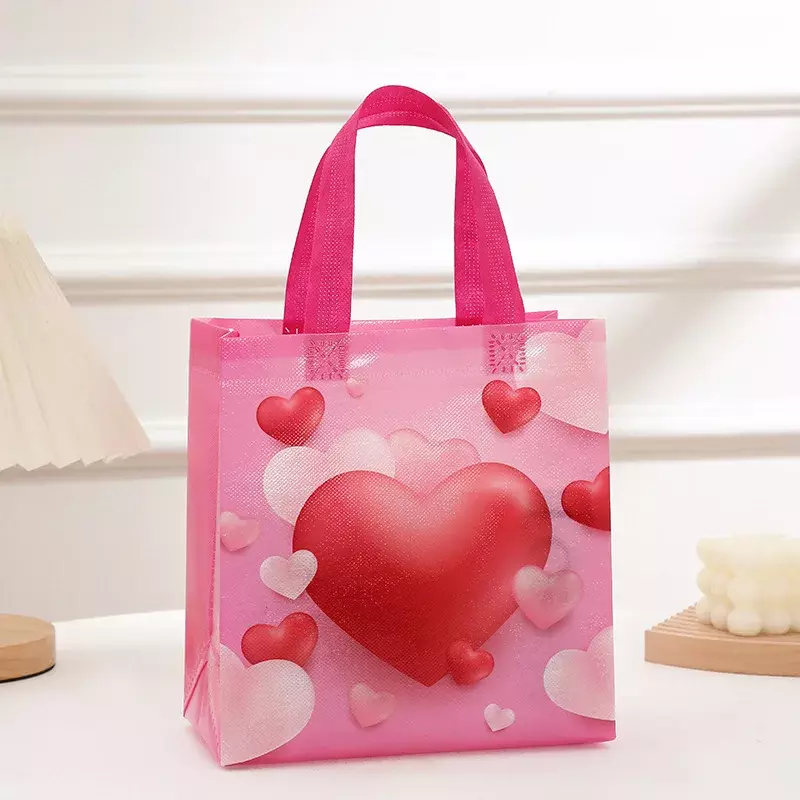 Tas tangan ulang tahun Hari Valentine cinta merah muda kain tidak ditenun dengan Logo cetak, tas belanja pernikahan, hadiah hadiah