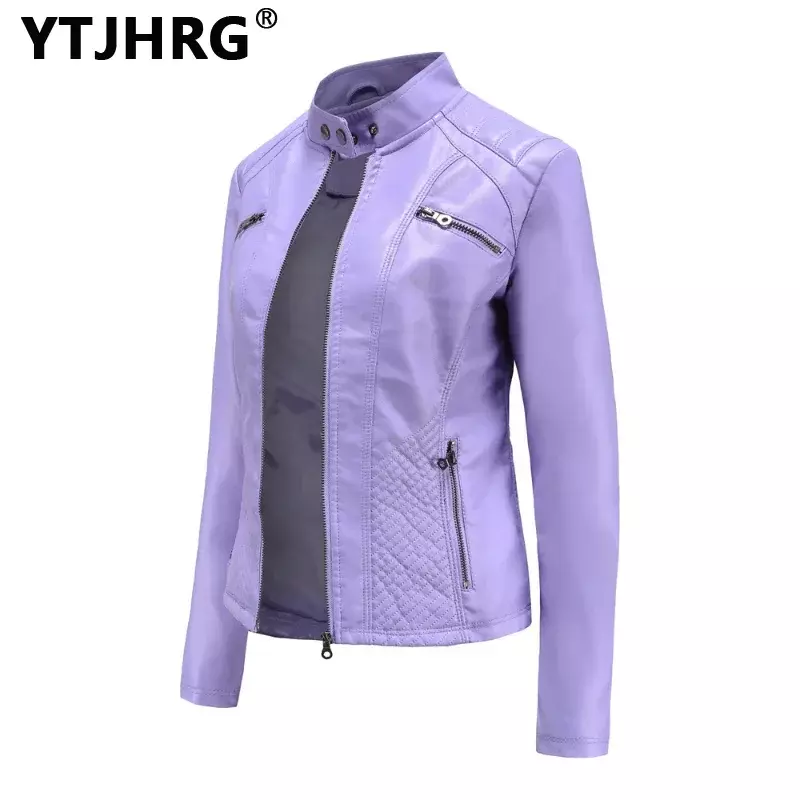 YTJHRG jaket kulit wanita, pakaian mantel kulit ritsleting lengan panjang musim gugur dan dingin untuk perempuan 2023