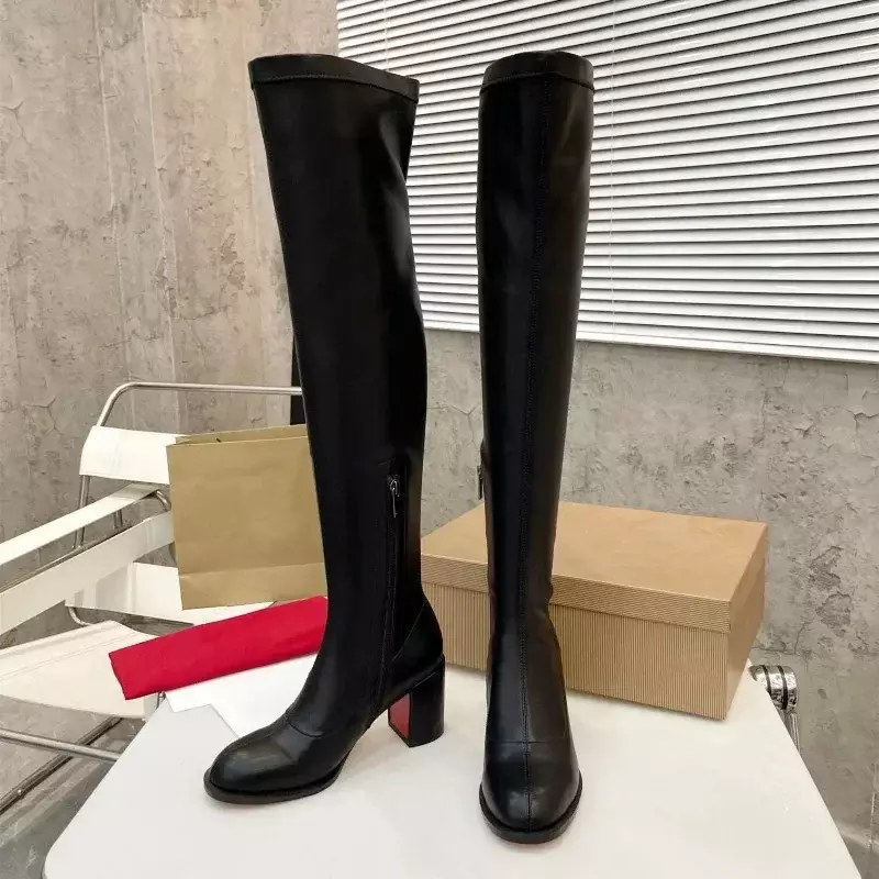 Autumn Winter New Size 34-41 Shoes for Women Natural Kid Suede Chunky Heels Over-the-Knee Long Boots Round Toe Designer Shoes