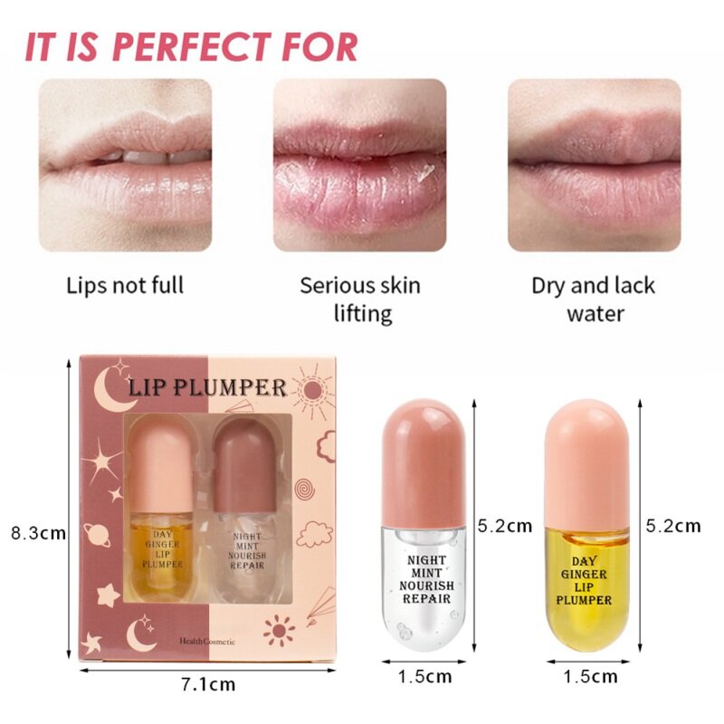 2Pcs x 10ml Ginger Mint Lip Hydrating Plumper Set Anti-chipping Fades Lip Wrinkles Nourishing Repair Day Night Moisturizing