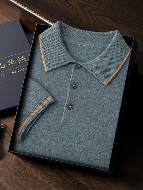 Hochwertige neue Männer 100% Kaschmir pullover Frühling Sommer Mode Polo-Ausschnitt Kurzarm T-Shirt Business Strickwaren Männer Pullover