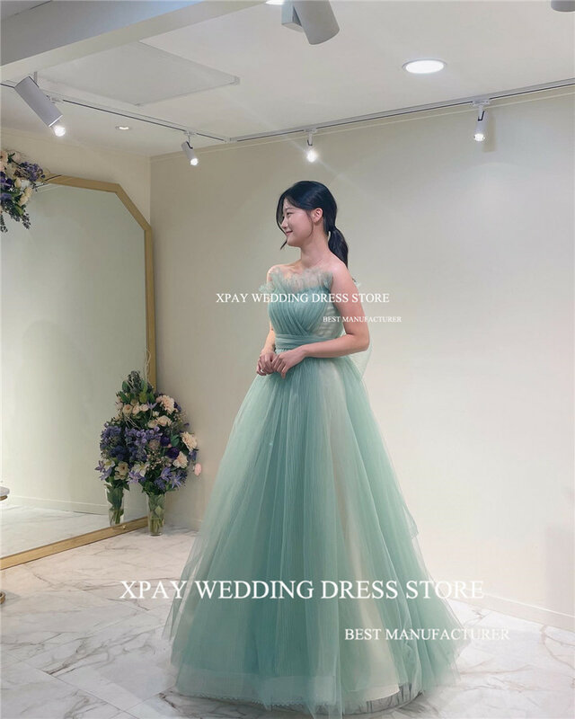 XPAY Sage Green Fairy Korea Evening Dresses Wedding Photo shoot Tulle Floor Length Prom Gowns Formal Party Dress Corset Back