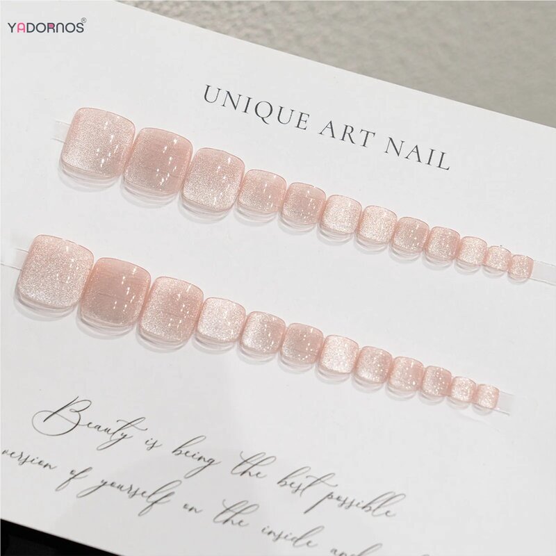24Pcs Light Pink Fake Toenails for Woman DIY Manicure Shiny Cat's Eyes Press on Nails for Foot Summer Wearable False Nails Tips