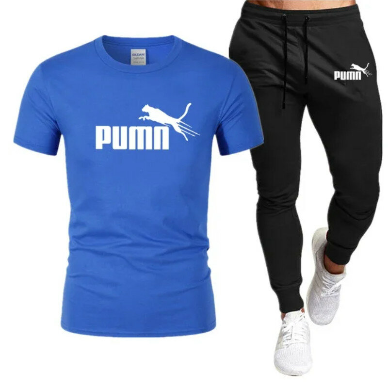 Conjunto de ropa deportiva cómoda para hombre, Camiseta de algodón de manga corta y pantalones casuales negros, moda de verano, 2 piezas
