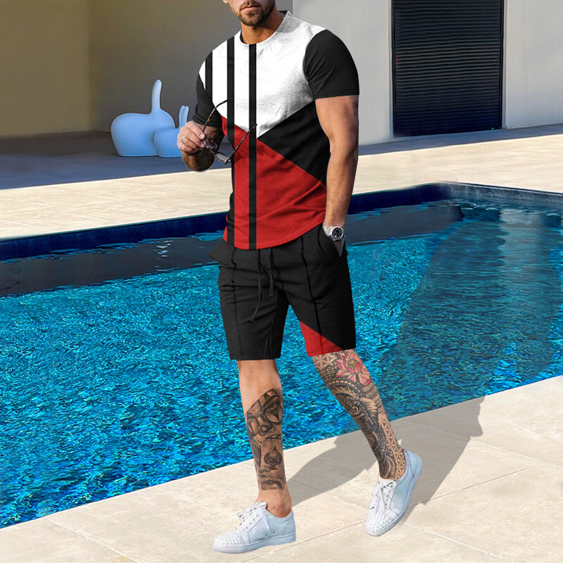 Conjunto de shorts de praia casual masculino, estampa 3D listras, camiseta de manga curta, gola redonda, roupas de 2 peças, roupas masculinas, moda verão