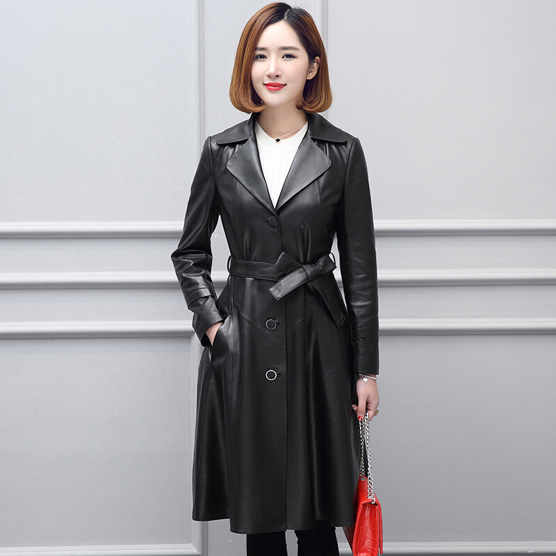 Yunsue-女性のための本革のジャケット,長いシープスキンのコート,キツネの毛皮の襟,エレガントな革の衣服