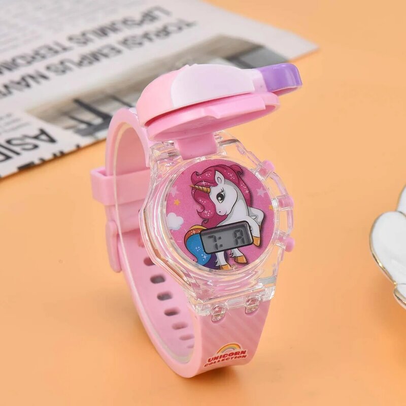 Flip Music Glowing Rainbow Horse Watch para meninos e meninas, relógio popular do unicórnio dos desenhos animados, presente na moda