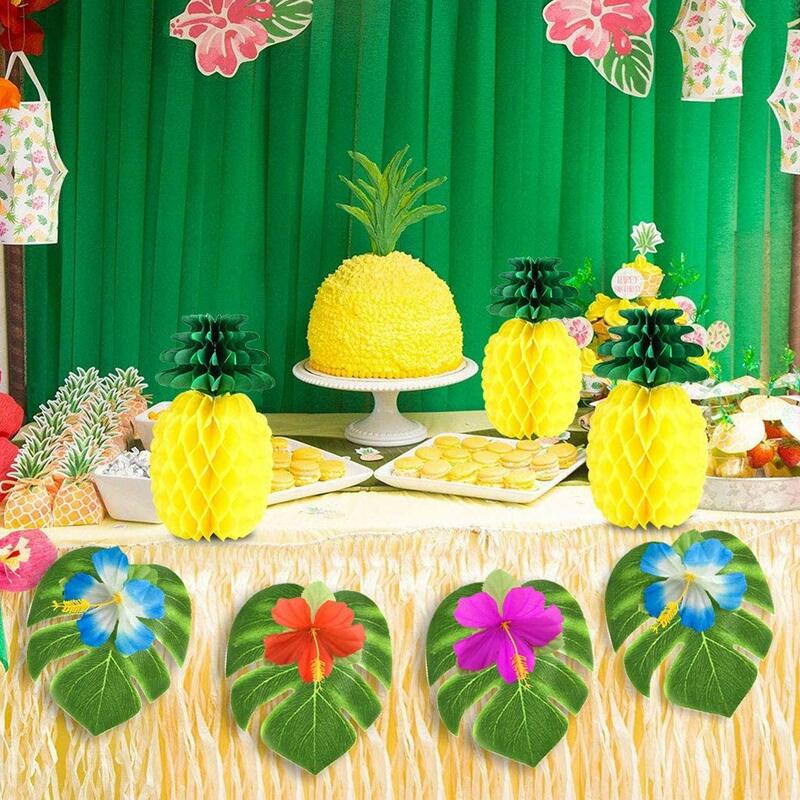 99pcs Tropical Hawaiian Party Decoration Kit with Silk Hibiscus Flowers Palm Leaves Pineapples Mini Umbrella Cupcake Toppers