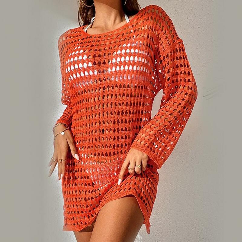 Knitted Swimwear Cover Up Stylish Crochet Beach Dress Sexy Swimsuit Cover Up Summer Hollow Bikini Cover Up O-neck Long Sleeve