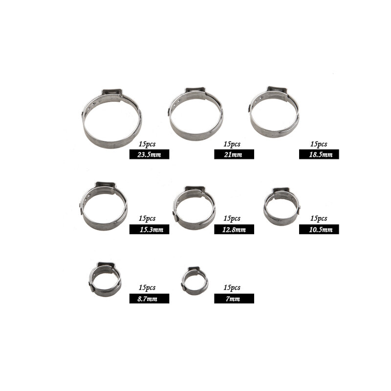Abrazaderas de manguera de acero inoxidable 120 para oreja, anillos de abrazadera de cincha para tipos de sellado, 23,5 piezas, 7-304 MM