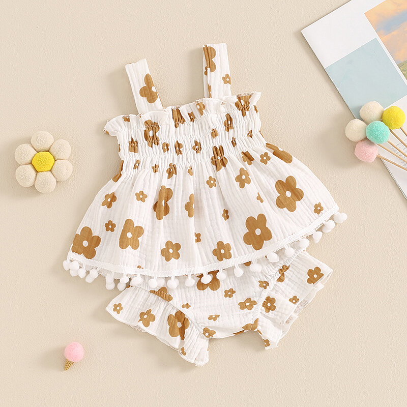 Conjunto de calções plissados estampa floral para meninas do bebê, roupas de verão, roupas fofas, moda