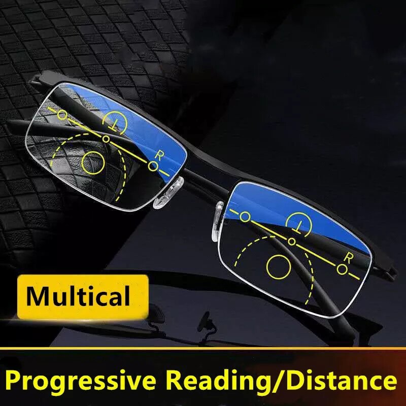 Progressieve Leesbril Multifocale Anti-Blauw Licht Slimme Zoom Bril Half Frame Metalen Mannen 1.5 Tot + 4.0