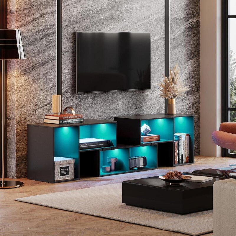 Deformável Media TV Console Stand com tiras LED, Modern Black Stand, 65 ", 70"