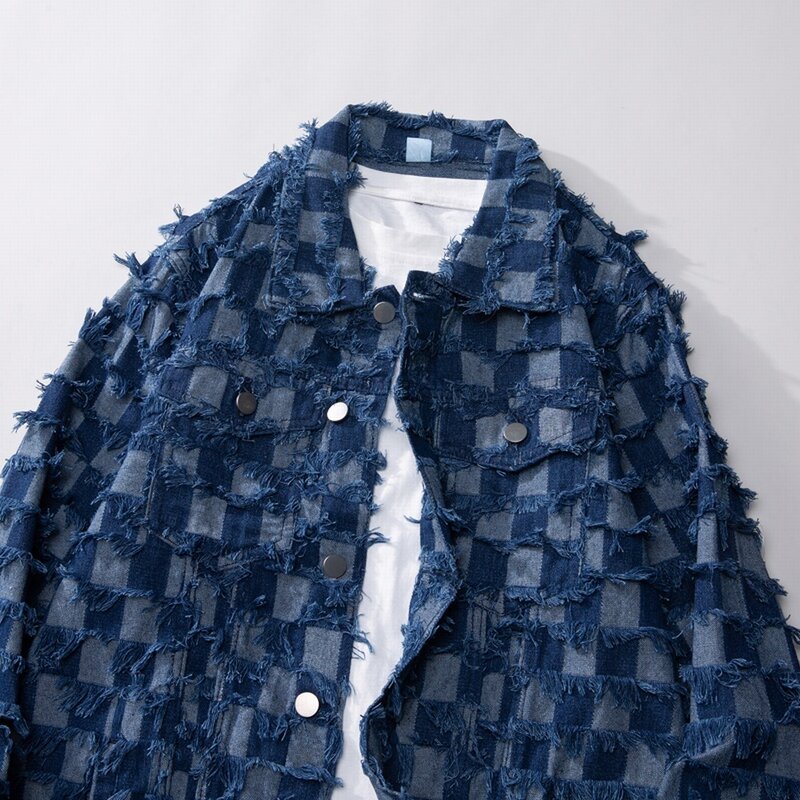 레트로 블루 격자무늬 태슬 데님 재킷, 워시 코튼 자케타 청바지, 루즈 스트리트웨어, 용수철 가을